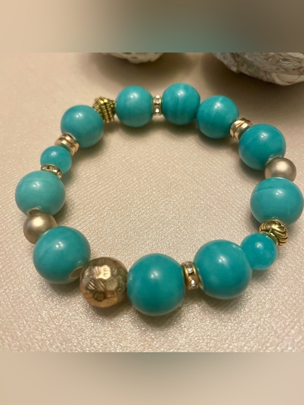 Blue Stretch Quartz Bracelet 14mm and 8mm quartz beads, gold details, turquoise